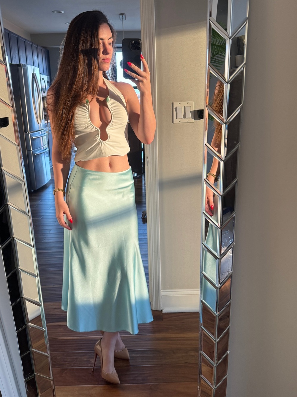 Satin A-Line Midi Skirt in Light Blue